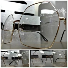 OVERSIZE VINTAGE RETRO Style Clear Lens EYE GLASSES Large Big Gold Hexagon Frame