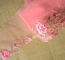 7.5 Yards 4" Wide Pink Tulle Lace with Embroiderede Pink Floral eh0147