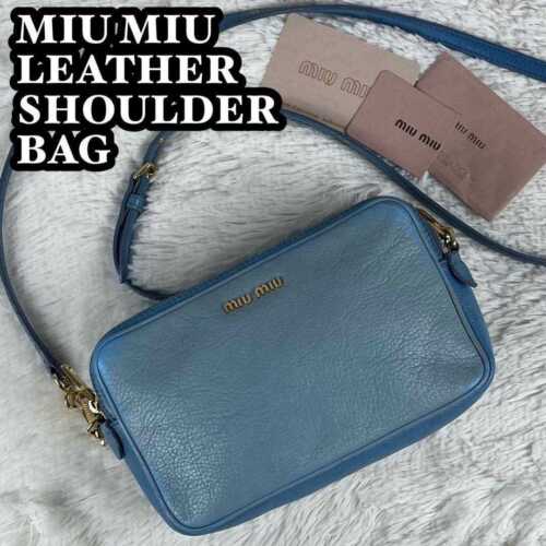MIUMIU Shoulder Bag Crossbody Gold Logo Leather Blue women's USED FROM JAPAN - 第 1/10 張圖片