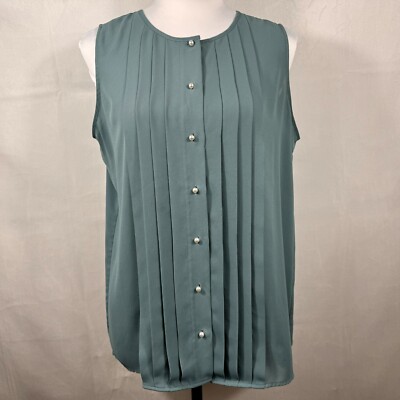 Karl Lagerfeld Blouse Sz M Sheer Green Round Neck Pleated Front Button down
