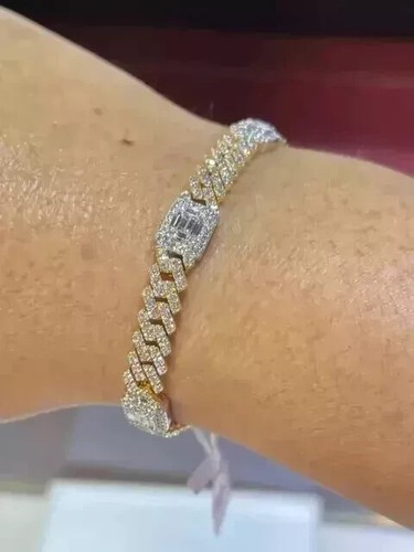 9 CT Round Cut Certified Moissanite Men's Cuban Bracelet 14K Yellow Gold Plated - Picture 3 of 8