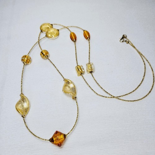 Venetian Bead Necklace 24k Foil Glass Mixed Shapes 45" Hilary London Tag Missing - Picture 5 of 6