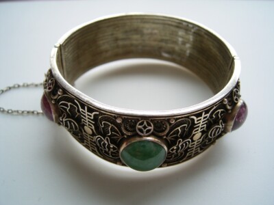 Antique China Silver Bracelet with Bats for Good Luck + Semi-precious stones TOP