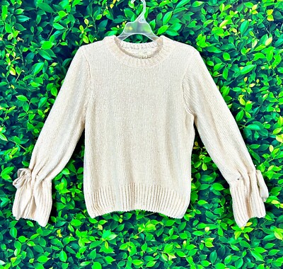 Cupio Womens Cream Color Soft Chenille Ribbon Detail Sweater Large