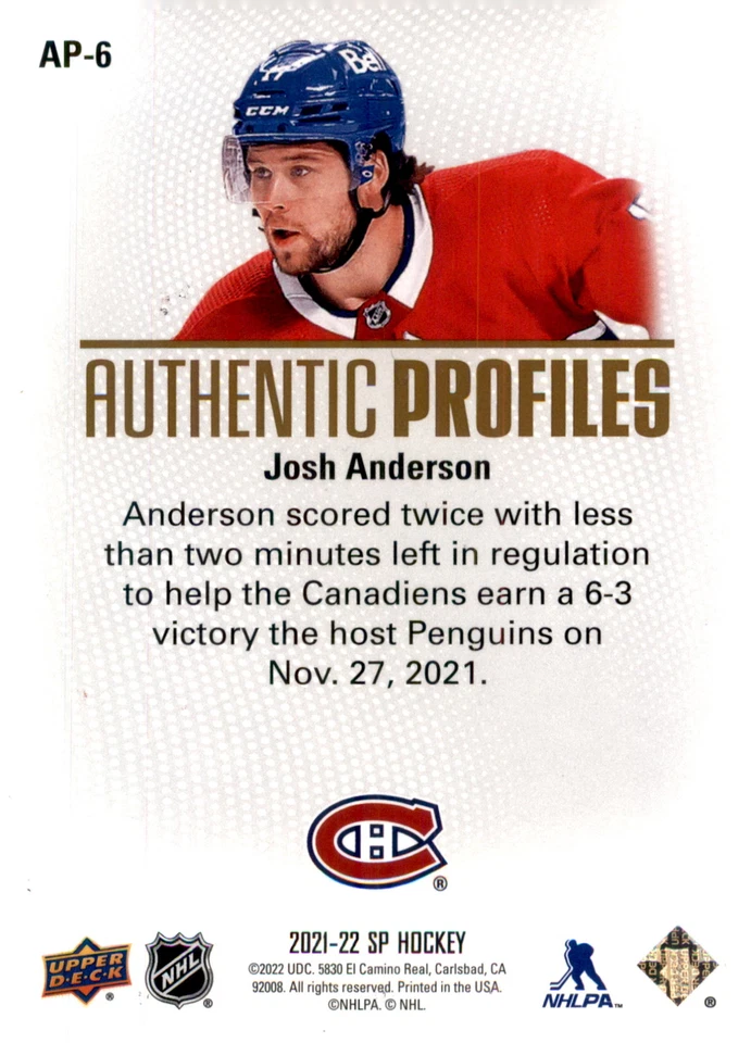 2021-22 SP #AP-6 Josh Anderson Authentic Profiles /399 - Image 2 of 2
