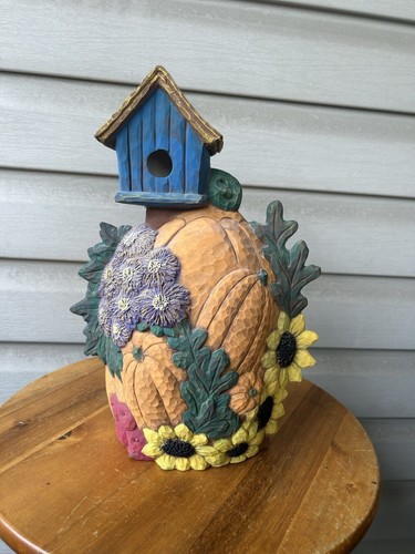 Pumpkin Birdhouse Sunflowers Large Hand Painted Ceramic Bisque Figurine 13"