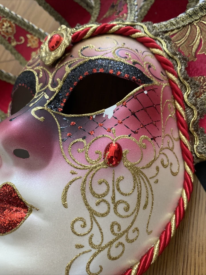 Red Venetian Masquerade Mask Hand Painted In Venice Italy Original     - Image 4 of 4