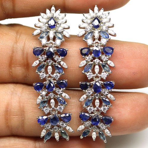 Boucles D'oreilles En Argent 925 - Apatite Bleue Ovale & Saphirs - Style Manchette/clous - Neuf Sans Boîte