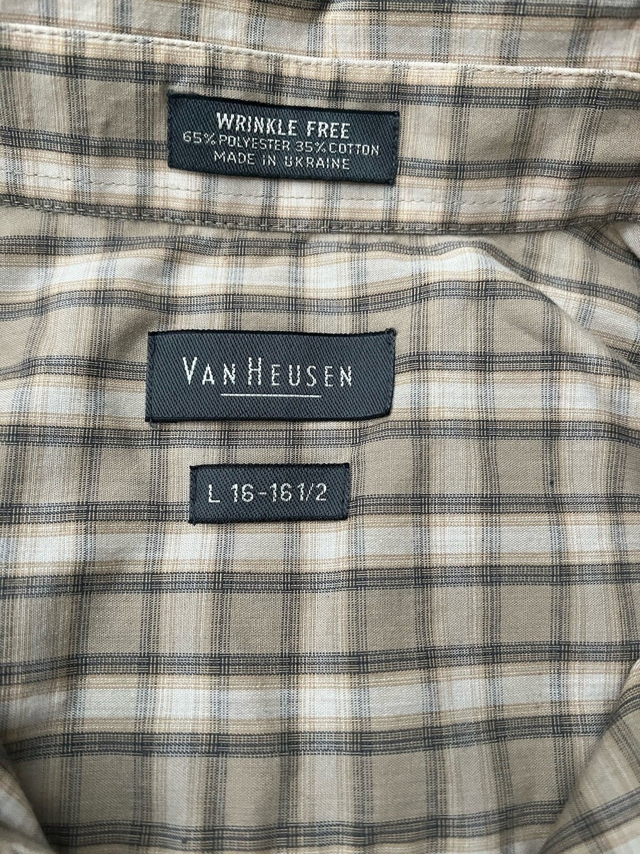 【K.gg】 Mens Van Heusen Button Shirt Wrinkle Free Long Sleeve Plaid Beige