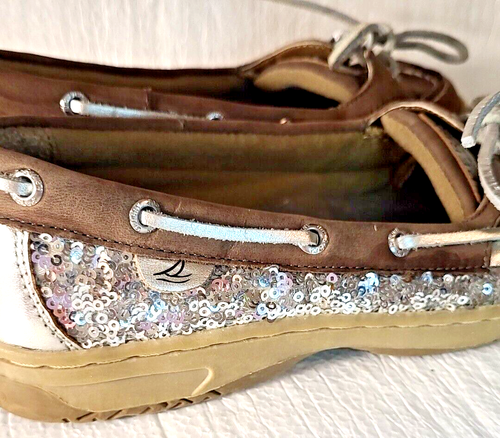 Women Sperry Top-Sider Slip On Loafers Boat Shoes SZ 5 Leather Silver Sequin - Picture 3 of 18