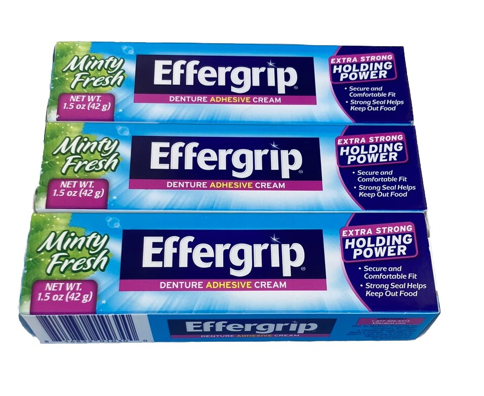 Lot of 3 Effergrip Minty Fresh Denture Adhesive Cream 1.5oz ea Extra Strong NEW