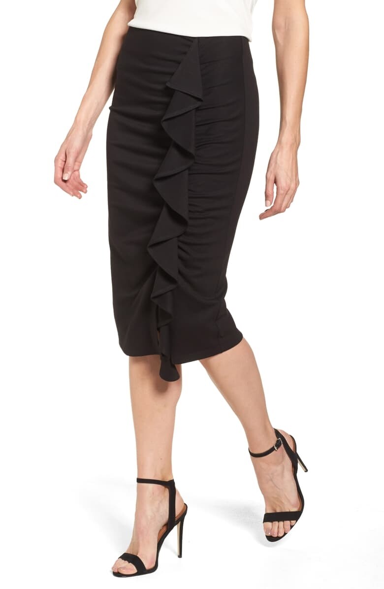 ワン 様 HALOGEN 163330 Women's Side Ruffle Pencil Skirt Solid Black Sz