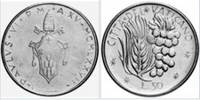CITTÀ DEL VATICANO LIRE 50 PAPA GIOVANNI PAOLO VI UVA E GRANO ANNO 1977