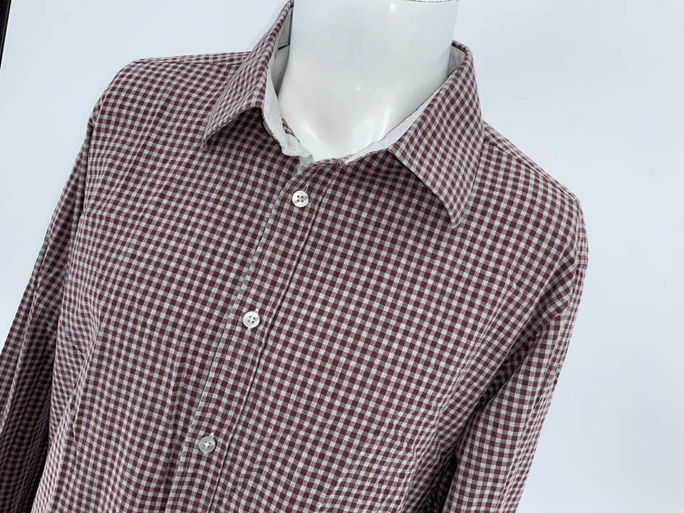 Hickey Freeman 纽扣衬衫男式 XL 红色灰色格子棉质 YGI X3-10 — 第 3/4 张图片