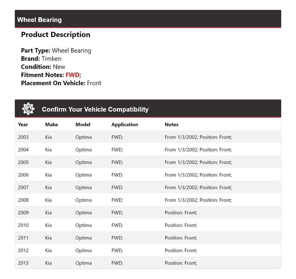 Para 2003-2013 Kia Optima FWD rolamento de roda dianteiro Timken 2004 2005 2006 2007 2008 - Imagem 2 de 4