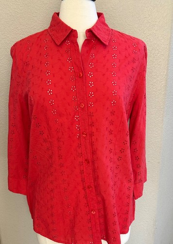Coldwater Creek Blouse 3/4 inch sleeve Flowered Eyelet pattern Orange Red - Picture 8 of 8
