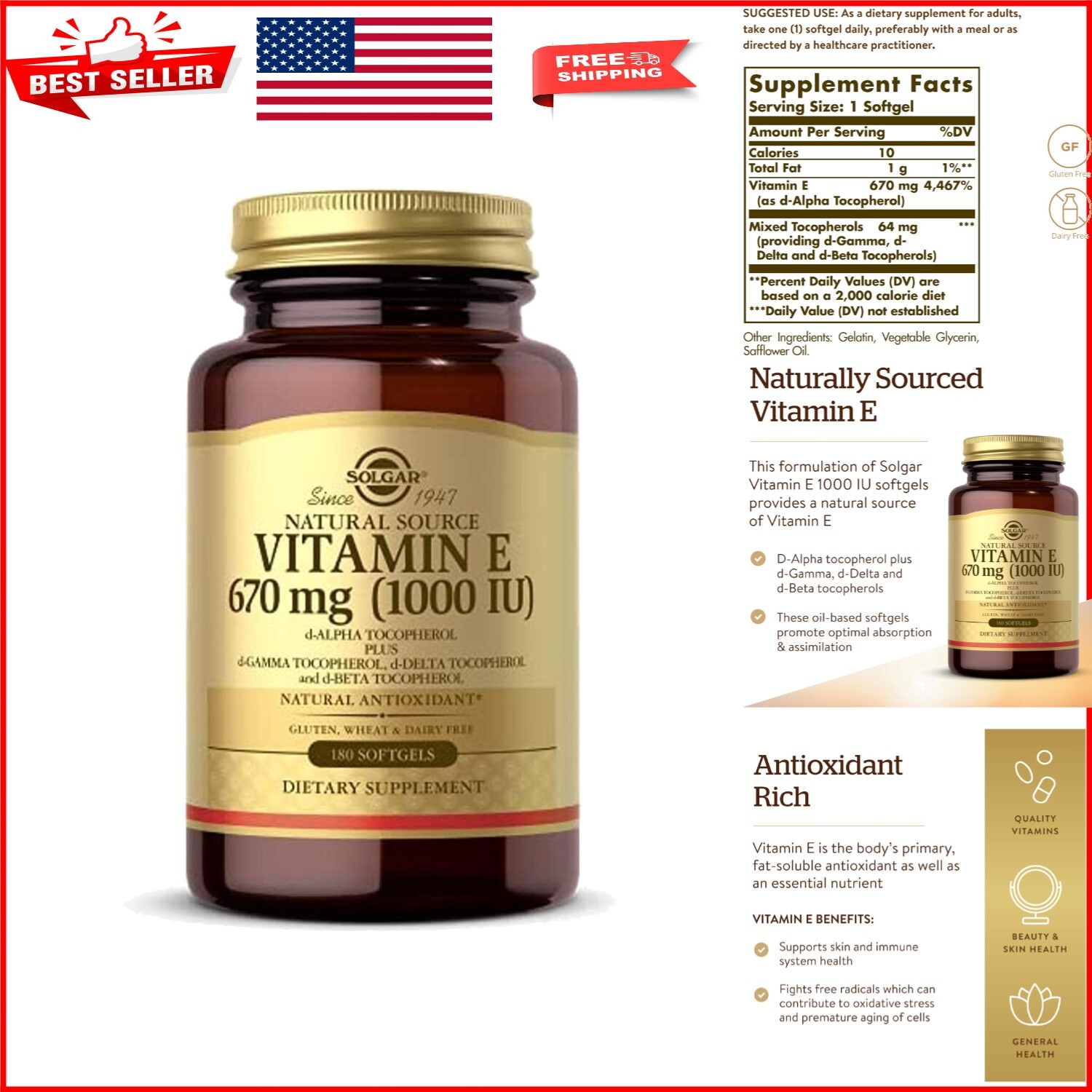 Natural Vitamin E 670 mg in Oil-Based Softgels - Immune and Skin Health Support