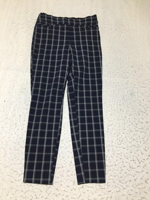 Maurices Dress Pants Womens M Medium Long Navy Blue Check Elastic Waist Pockets