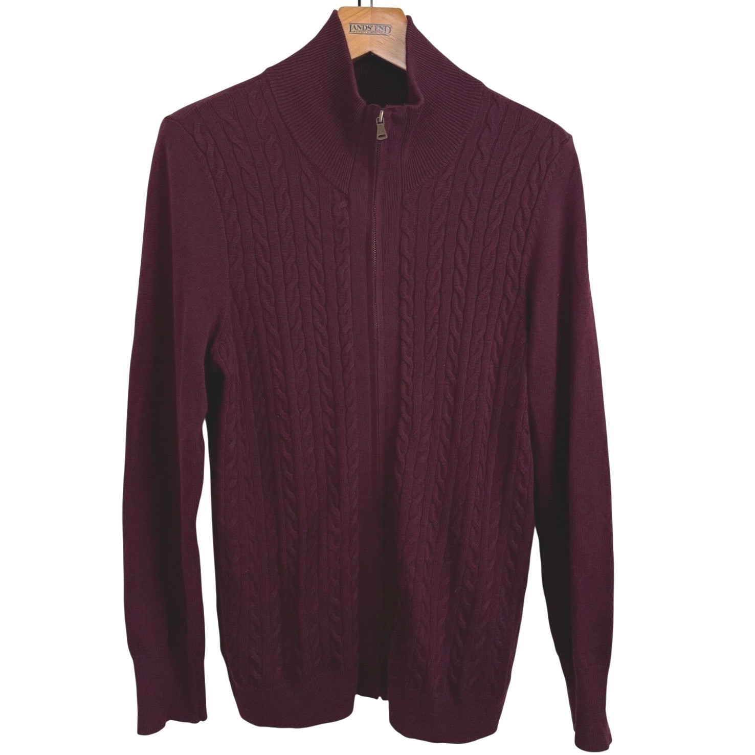 Talbots Cable Knit Sweater Womens XL Burgundy Zip Cardigan Cotton Wool Preppy
