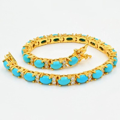 Blue Turquoise Gemstone & Diamond Tennis Bracelet For Women 18K Yellow Gold Over