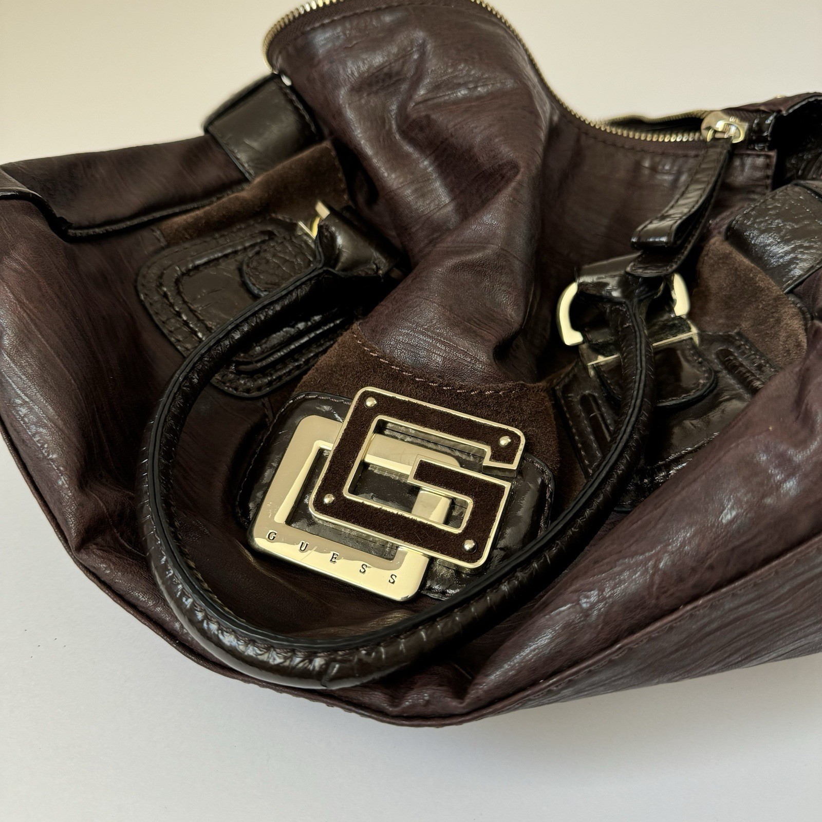 Guess Slouchy Brown Medium Handbag Purse Big Gold… - image 7