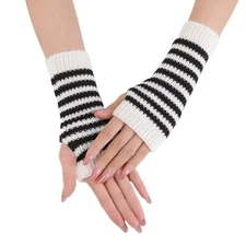 Sumleno Stripe Arm Warmers Knit Fingerless Thumb Hole Gloves One Size White