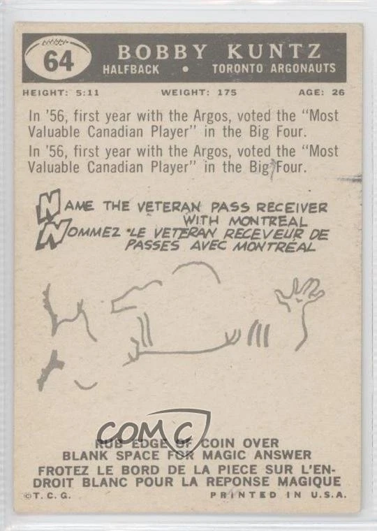 1959 Topps CFL Bobby Kuntz Bob Kuntz #64 - Image 2 of 2