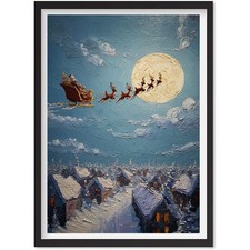Santa Sleigh Over Snowy Village   Vintage Christmas Wall Art, Santa  Reindeer