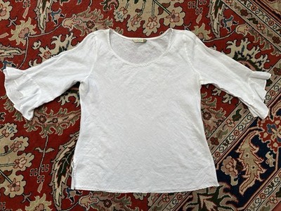Chalet Blouse Shirt Sz L Pullover 100% Linen  W/ 3/4 Ruffle Sleeve Bias Cut