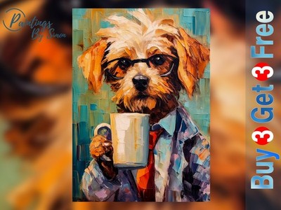 Hund im Anzug Kaffee 5''x7'' Druck auf mattem Papier | Lustige Büro Hund Wandkunst