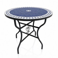 "Mosaiktisch Gartentisch Esstisch Groß Rund Ø100 Cm \"Fleur\" Blau-Weiß Handmade"