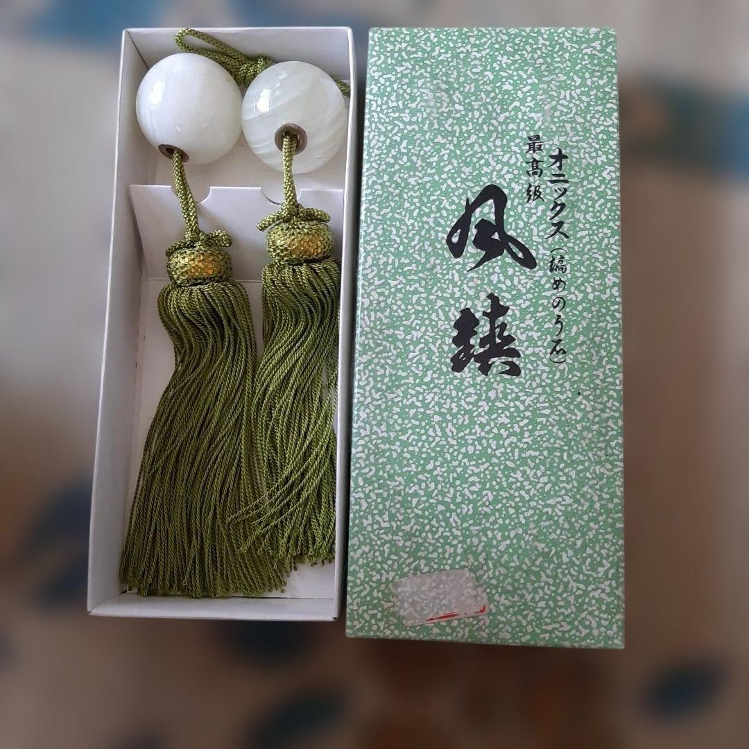 Onyx Hanging Scroll Weight with Tassels, Green Ball Shape, Japanese Art