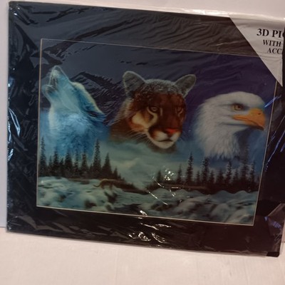 Vintage-New 3D Framed Wildlife Wolf Beer Eagle Print In Snowy Forest