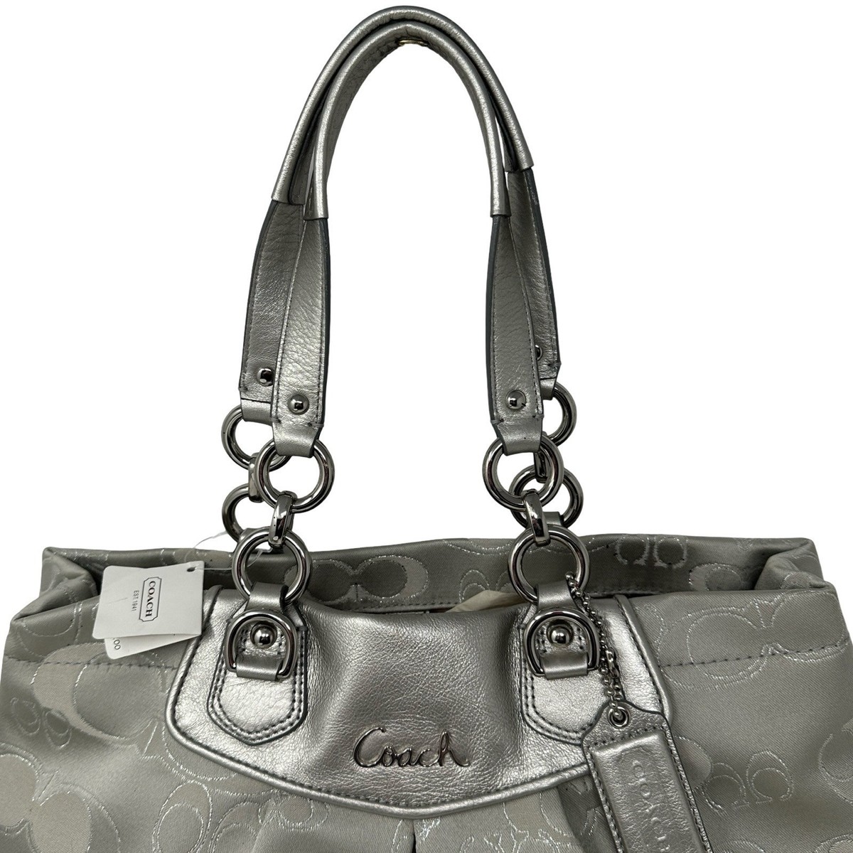 バッグ COACH Ashley Signature Lurex Satchel Bag NWT Coach Ashley Signature Lurex Carryall Garden Silver Gray