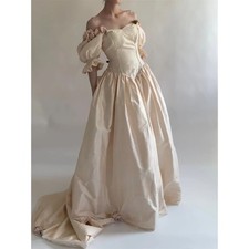 Vintage Puff Sleeve Wedding Dresses Handmade Floral Details Taffeta Ball Gown