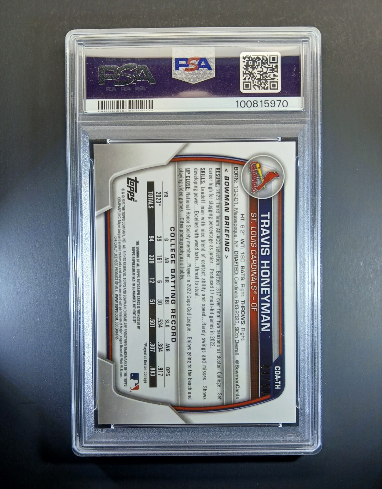 Travis Honeyman Auto /50 PSA 10 Gold Sapphire 2023 Bowman Chrome 1st Draft  view 2