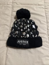 Justice girls' black metallic puffer beanie hat with a faux fur pom-pom