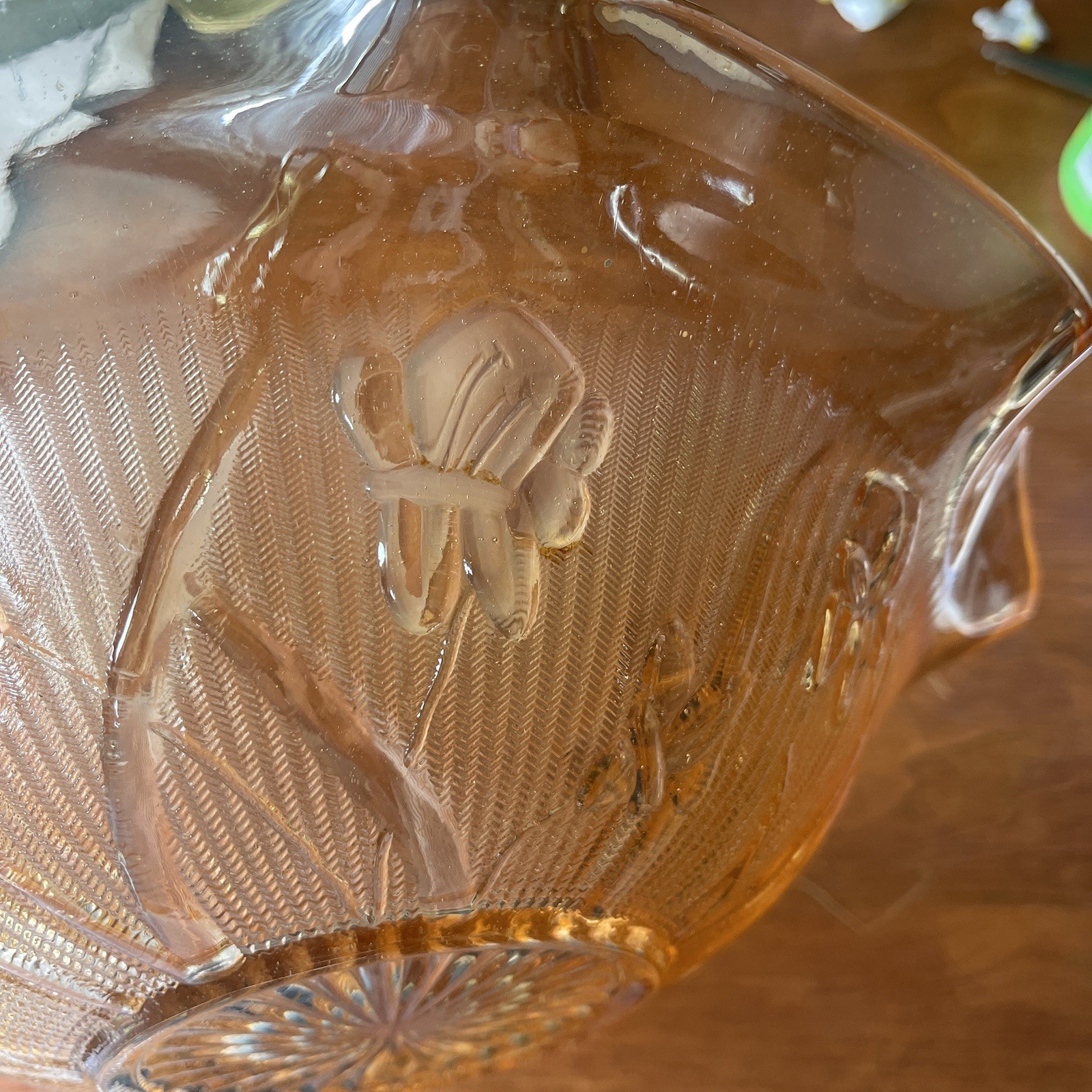 VTG Jeanette Marigold Carnival Glass Bowl Iris Herringbone Ruffled Edge Detailed