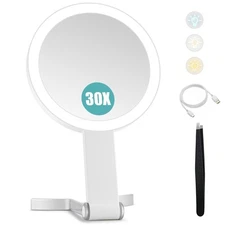 30x/1x Magnifying Travel Mirror with Light, Double-Sided Rechargeable Adjusta...