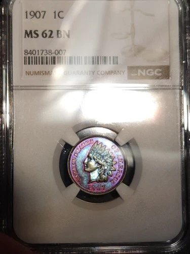 1907 Indian Head Penny NGC MS62 BN ~ STUNNING ELECTRIC TONING ~ High Eye Appeal