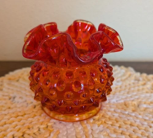 Vintage Fenton Amberina Hobnail Ruffled Vase 3"