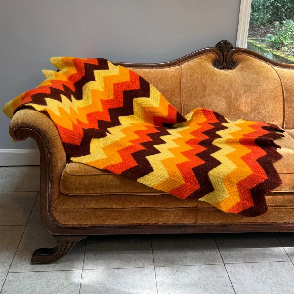 Manta afgana de ganchillo retro hecha a mano naranja amarillo marrón tiro 31x53 vintage Foto 4 de 4
