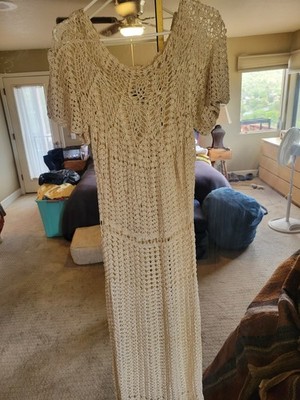 VINTAGE HANDMADE CROCHET DRESS Size  Small Cream Beige Summer Bohemian Dress