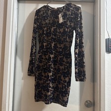 Windsor Short Beige Navy Taupe Floral Long Sleeve Small Dress Never Worn