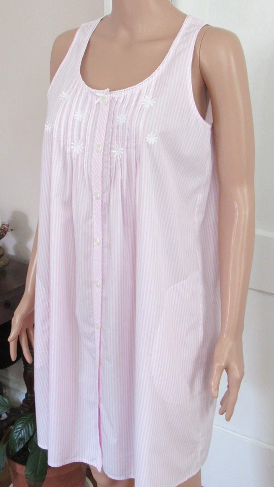 Miss Elaine Pink & White Striped Sleeveless 100% Cotton Embellished Nightgown M - Image 3 of 4