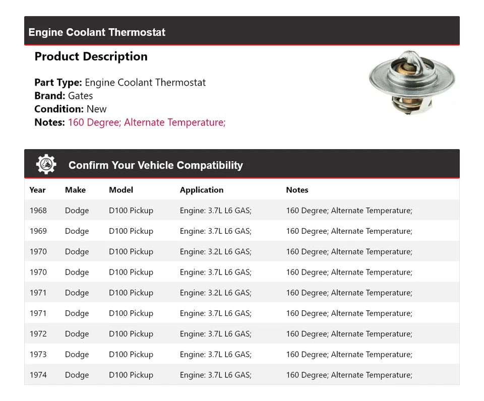 Para Dodge D100 1968-1974 camioneta motor refrigerante termostato puertas 1969 1970 1971 Foto 2 de 4