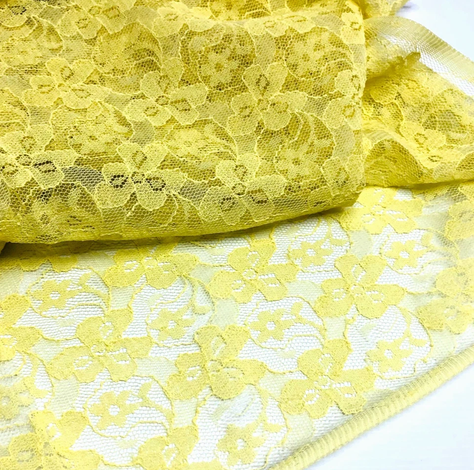 Vintage Lace Fabric Yellow Floral Remnant Dressmaking Sewing Mid Century 1960s - image 2 of 4