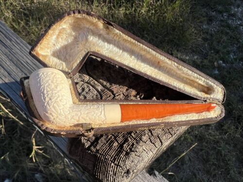 Antique UNSMOKED Austrian Meerschaum Tobacco Pipe With Amber Stem