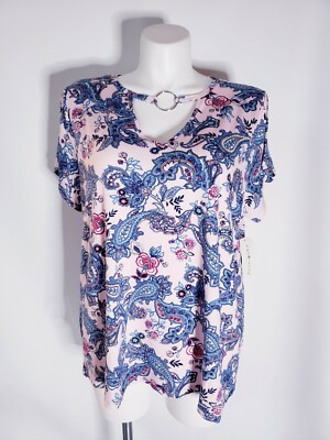 Eye Candy Essentials Womens Size 3X Plus Stretch Knit Top Blue & Pink Shirt