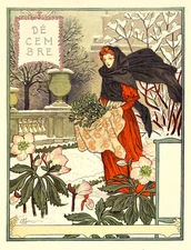 Postcard: Nouveau Print Repro - E. Grasset - December - Woman, Winter, Snow